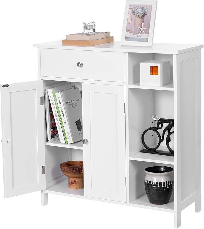 VASAGLE Floor Storage Cabinet with Drawer, Freestanding Cabinet with Doors, 3 Open Compartments, Adjustable Shelves, 11.8 x 29.5 x 31.5 Inches, for Bathroom, Living Room, Cloud White UBBC142W01