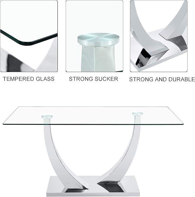 Modern Rectangular Glass Dining Table for 6-8 with Tempered Glass Tabletop and Silver Chrome Metal U-Shaped Pedestal for Kitchen Dining Living Meeting Room Banquet Hall (Silver7)