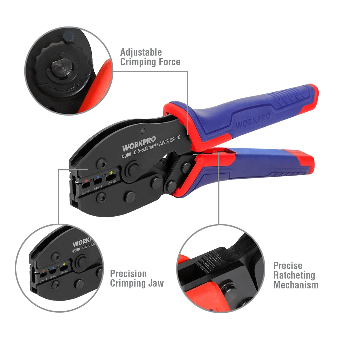 WORKPRO Wire Crimping Tool Kit, Ratcheting Insulated Terminal Crimper for 22 to 10 AWG Wire, Crimping Pliers with 100 Pieces Terminal Connectors