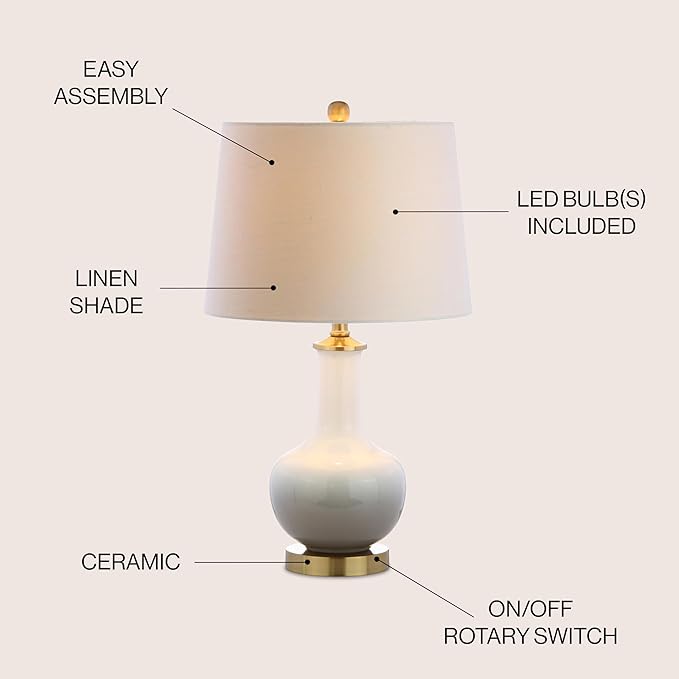 JONATHAN Y 25" White/Gray Gradient Ceramic Table Lamp, Brass Base LED Lamp for Bedside Nightstand Living Room, White Linen Drum Shade, Midcentury Decor (JYL3019B)