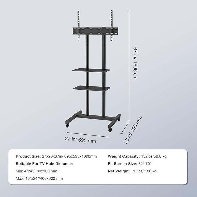 VEVOR Mobile TV Cart for 32 to 70 inch TVs, Height Adjustable Portable TV Stand with Wheels and Double Tray for Audio-Visual Devices, Rolling TV Stand for Living Room
