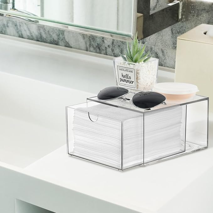 Disposable Face Towel Holder, Plastic Face Towels Storage Box with Drawer, Stackable Organizer for Clean Skin Club Face XL Towels, Towel Containers, Skincare Oragnizer for Vanity Bathroom Organization