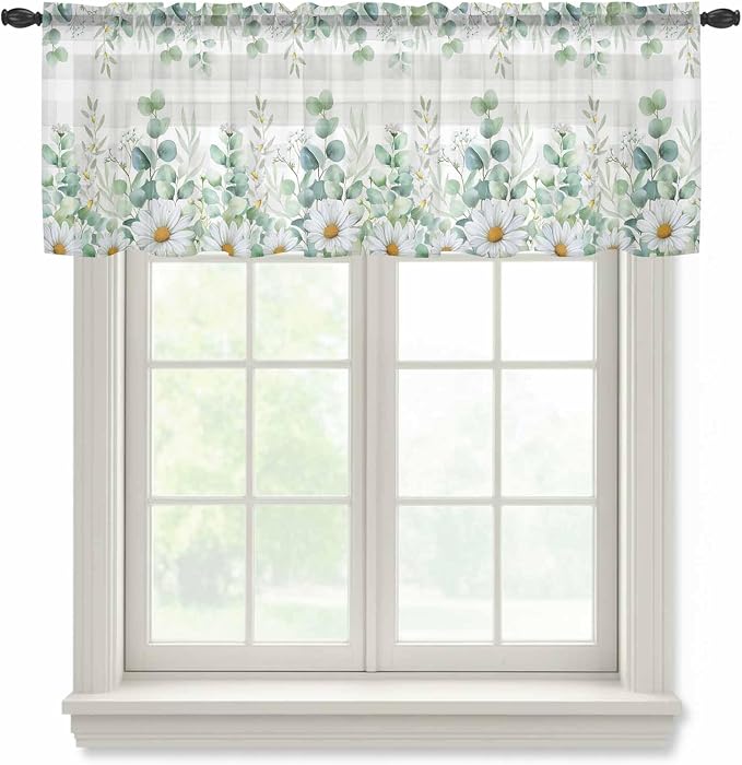Eucalyptus Leaves Daisy Sheer Valance Curtains, Summer Farmhouses Gray Plaid