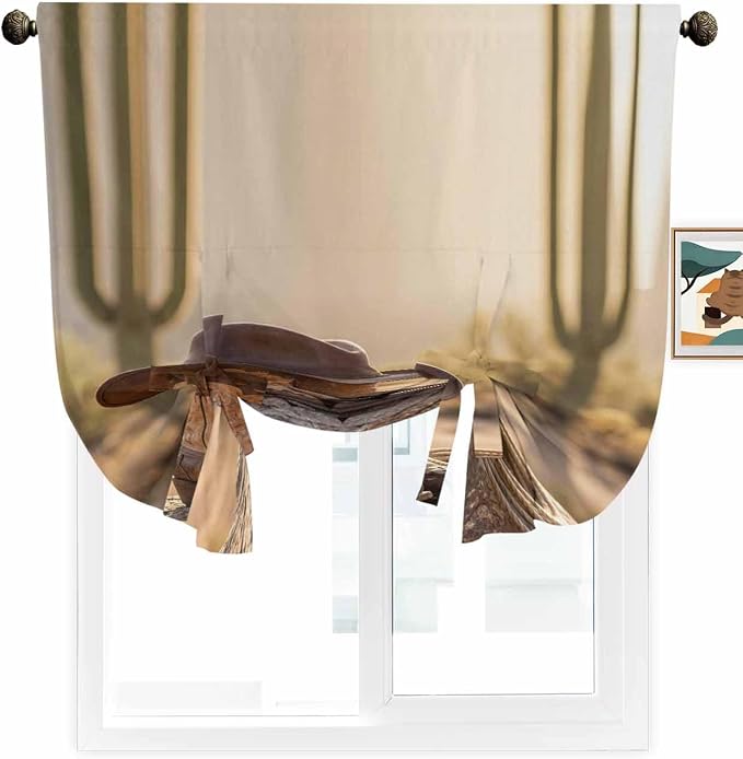 Tie Up Curtains for Windows, Cowboy Western Adjustable Balloon Nature Linen