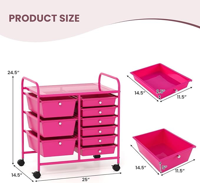 COSTWAY Rolling Storage Cart with 9 Drawer, Mobile Utility Cart with Metal Frame, Art Supply Craft Organizer, Multipurpose Storage Organizer for Paper, Office, School Teacher, Classroom, Hot Pink