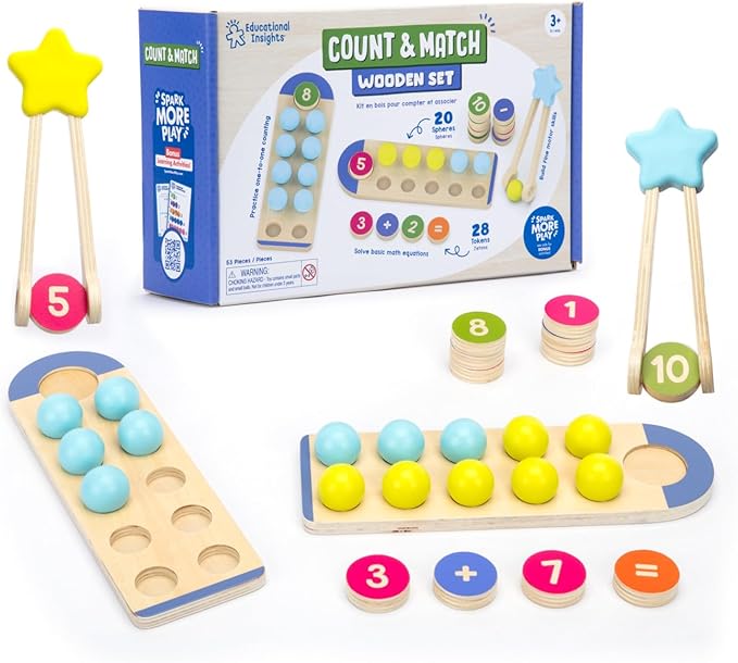 Educational Insights Count & Match Wooden Set - Counting Toys for Kids, Preschool Math Manipulatives & Fine Motor Skill Games, Toddler Learning Toys, Montessori Number Sets for Toddlers Ages 3+