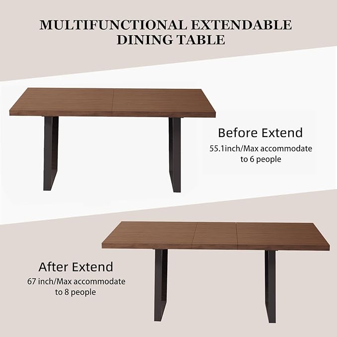 ZckyCine Walnut Color Expandable Dining Table, 51-67 Inches Adjustable Length, Modern Simple Design, Perfect for Family & Office, Seats 6+