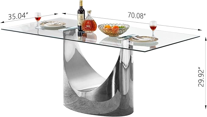 HomVent Modern Rectangle Glass Dining Table, 70''L x 35.4''W x 30''H, Silver With U Base, Clear Tempered Glass Top, Stainless Steel Base