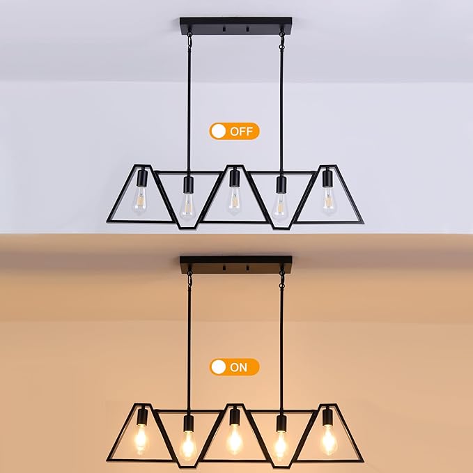 Dining Room Light Fixture, Kitchen Island Lighting with Adjustable Rods, Modern Chandelier Pendant Lamp Over Table (Black, 5 Light)