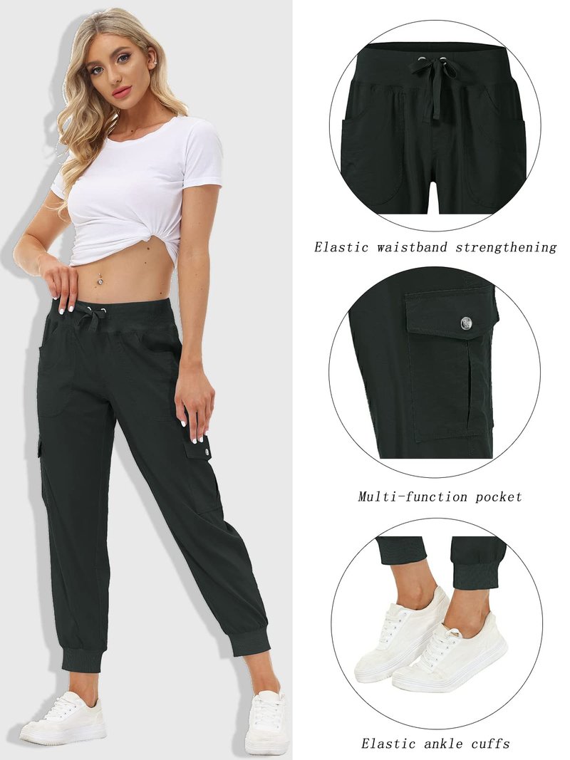 MoFiz Women Cargo Pants with Pockets Lightweight Outdoor Summer Travel Casual Hiking Pants Running Joggers Sweatpants Elastic Waist Dark Grey S