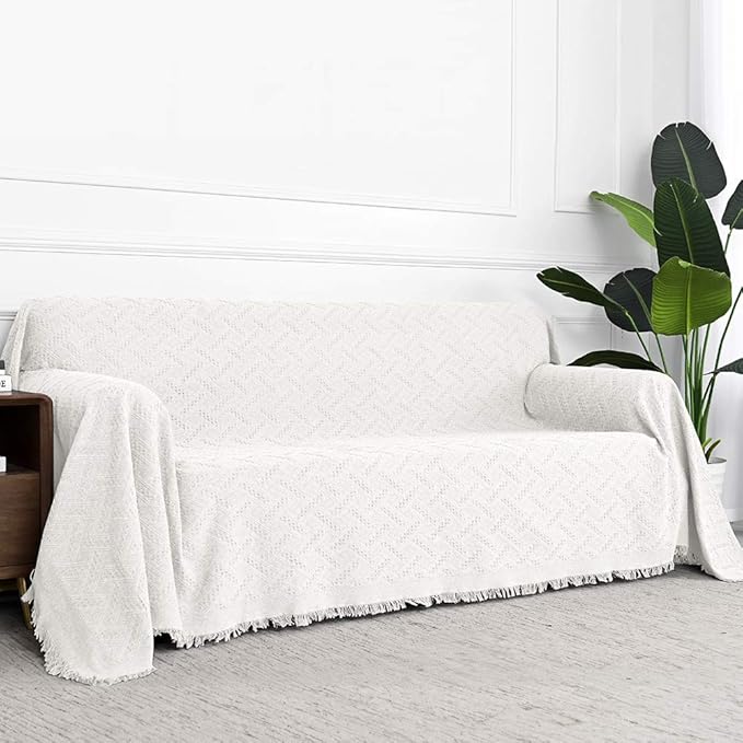 MYSKY HOME White Sofa Covers for 3 Cushion Couch Geometrical Sectional Sofa Couch Cover Living Room Sofa Throws Sofa Slipcovers for Pets, Kids (XXX-Large, 91" x 150", White)