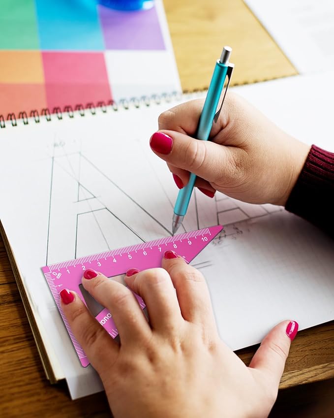 Honagu Triangular Ruler Set, 4 Pieces Aluminum Alloy Ruler, Metal Drafting Ruler, Geometric Protractor for Students, Draftsmen, Engineers, Home School Office Supplies (15cm/5.9inches, Pink)