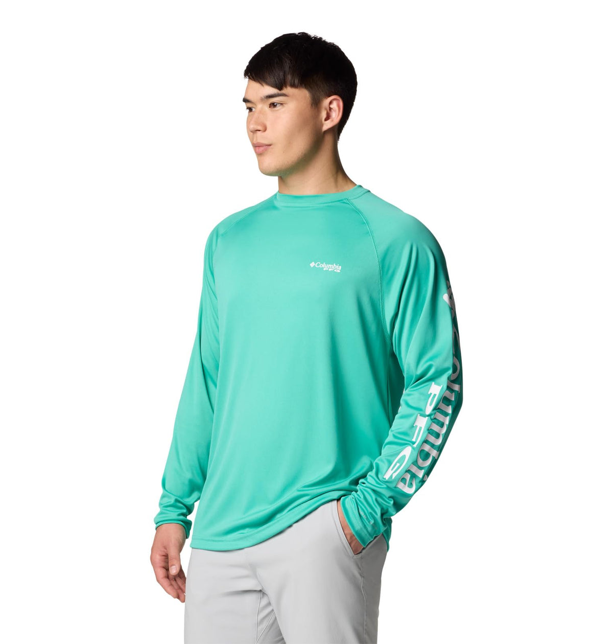Columbia Men's PFG Terminal Tackle Long Sleeve Fishing Shirt, Glaze Green/White Logo, X-Small