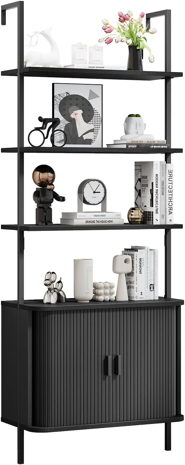72" Tall Fluted Bookshelf, 4-Tier Open Display Ladder Shelf with Sliding Tambour Doors, Modern Wall Mounted Bookcase Cabinet with Metal Frame for Living Room, Bedroom, Home Office, Black