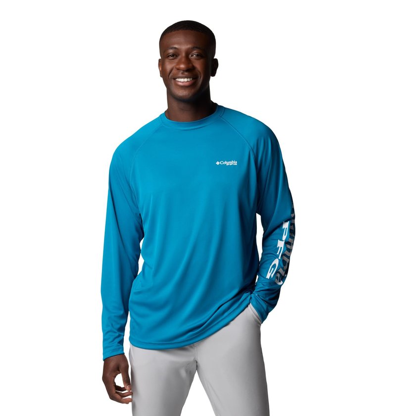 Columbia Men's PFG Terminal Tackle Long Sleeve Fishing Shirt, Blue Echo/White Logo, Large