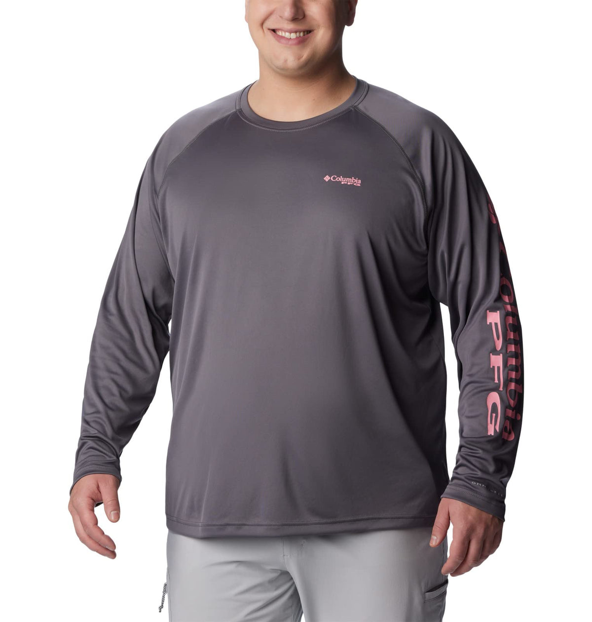 Columbia Men's Terminal Tackle Long Sleeve Fishing Shirt, City Grey/Pink Pop Logo, Medium