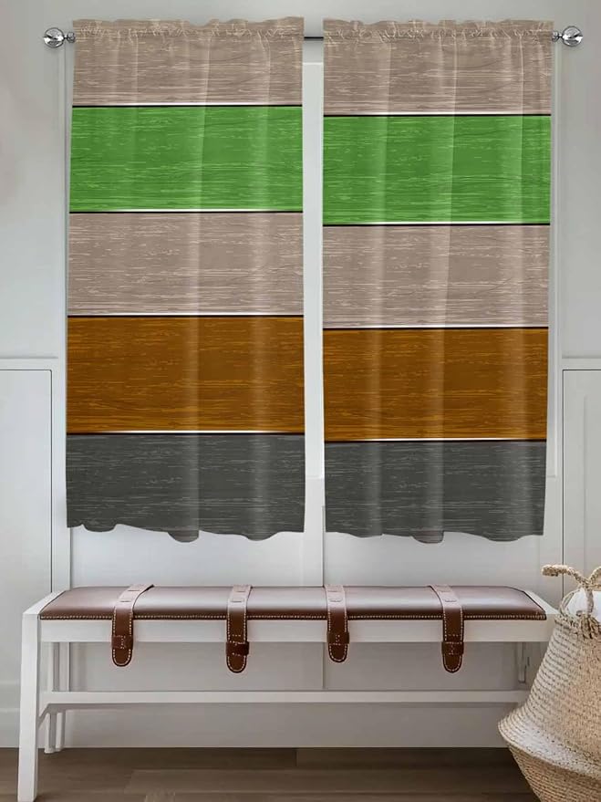Farm Gray Green Brown Wood Grain Window Valance Curtains, Rustic Wooden Plank