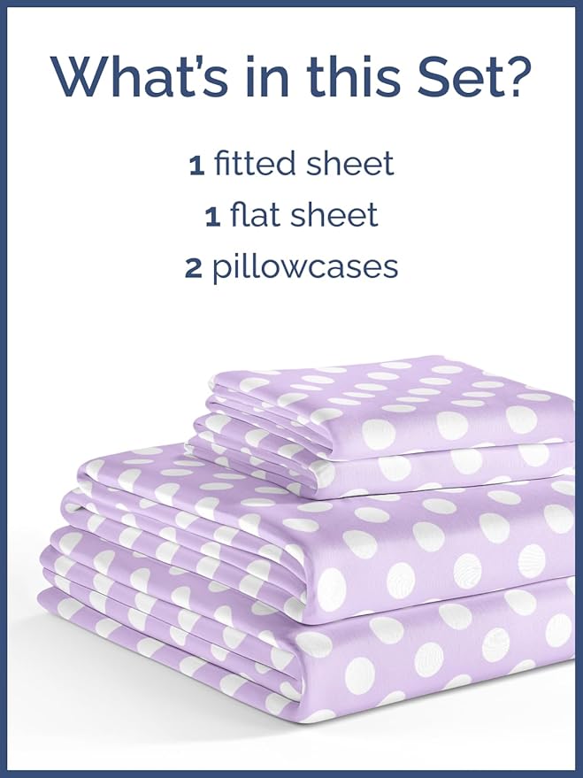 Kids Purple Dots Full 4 Piece Sheet Set - Boys, Girls, Teens, Toddler - Easy Fit Deep Pockets - Breathable, Hotel Quality Sheets - Machine Washable - Wrinkle Free - Cute, Cozy, Soft - CGK Linens