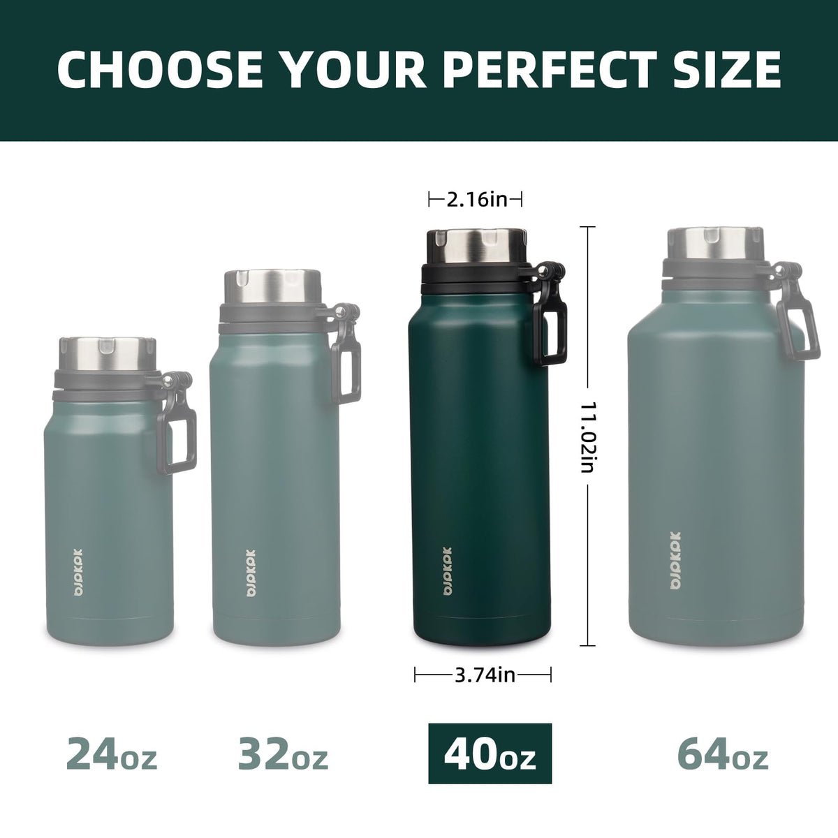 BJPKPK 40oz Insulated Water Bottle with Handle BPA Free Stainless Steel Travel Thermal Flask Reusable Large Water Bottle,Dark Green
