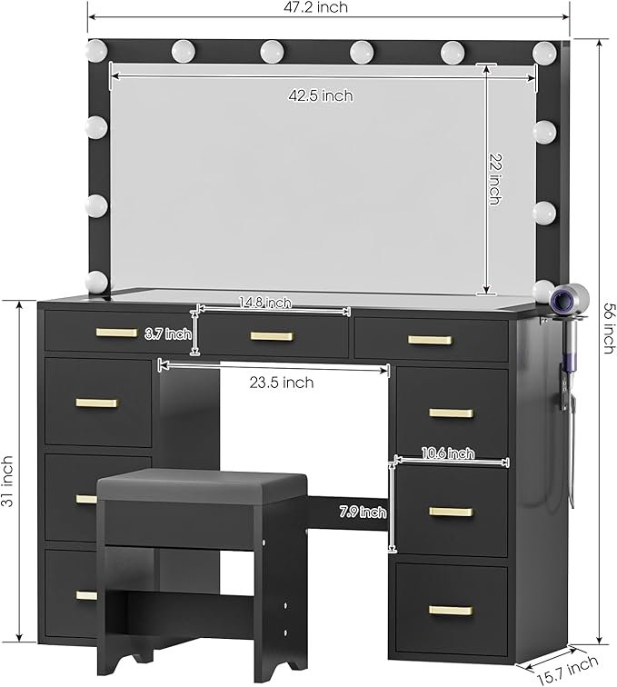 Likein Vanity Desk with Lights and Power Strip - 47'' Glass Top Vanity with Lighted Mirror, 9 Drawers Makeup Vanity with Lights, Black Vanity Set with Chair, 3 Lighting Modes Dressing Table