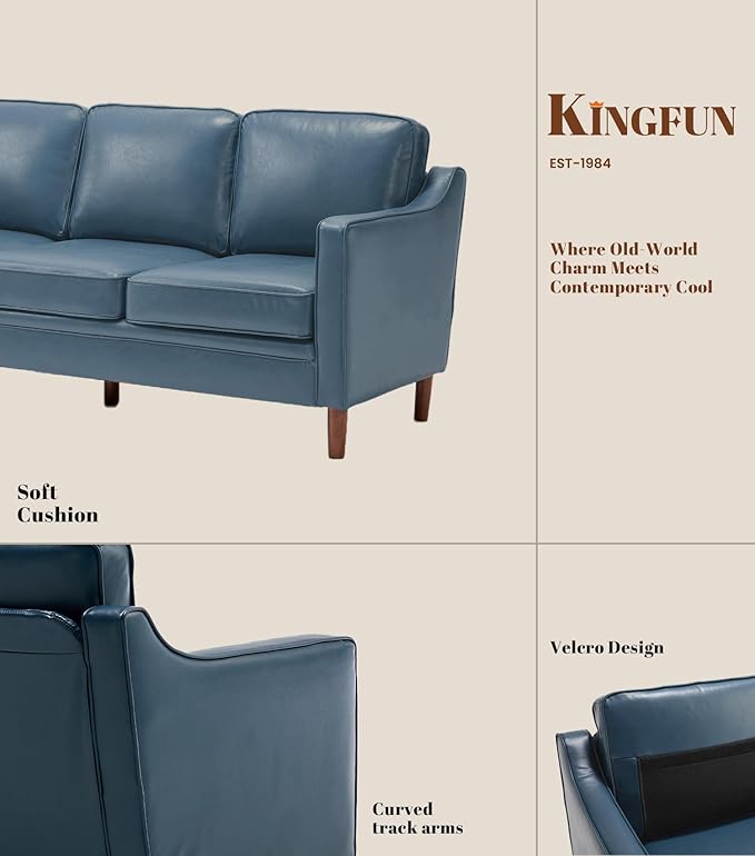 Kingfun 80" Faux Leather Sofa, 3 Seater Couch, Mid Century Modern Couch with Solid Wood Frame for Living Room & Bedroom, Blue