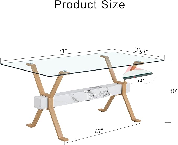 Glass Dining Table 71"｜Modern Dining Table for 6-8｜0.4" Thick Tempered Glass Top｜Wood Pattern Metal Legs｜Marble Crossbar｜Easy Assembly｜Perfect for Dining Room or Kitchen