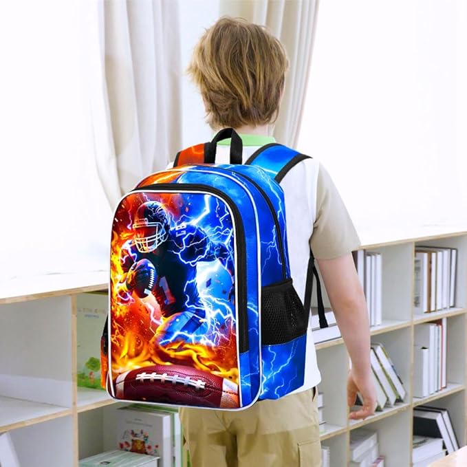 gxtvo 3PCS Rugby School Backpack for Boys, 17" Kids Bookbag with Lunch Box, Water Resistant Middle Elementary - Fire & Lightning Rugby Player