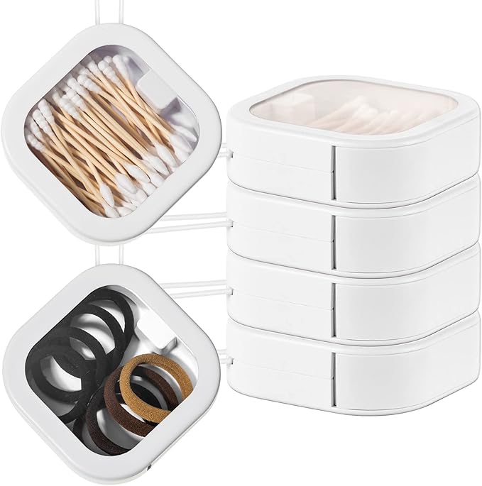 Kathfly 4 Pcs White Hair Tie Organizer Portable Hair Accessory Storage Containers Stackable Tie Bobby Pin Holder Home Cotton Swab Dispenser Accessories Jewelry Organizer Box