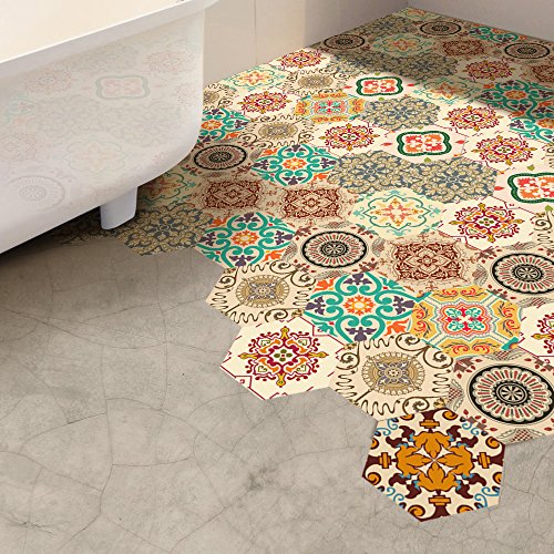 Alwayspon 10 Pcs Hexagon Non-Slip Floor Sticker for Home Decor, Peel and Stick Self-Adhesive Wall Sticker for Living Room Kitchen Bathroom, 7.9x9.1inch