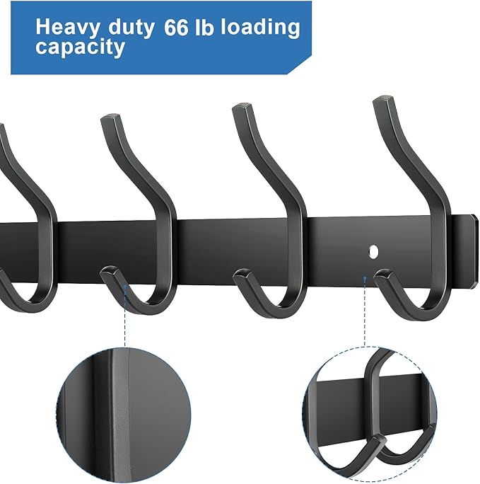 HAMUTH Black Wall Hooks, 17 Inch Coat Rack Wall Mount with 6 Hooks, Wall Hooks Heavy Duty for Hanging Backpack, Bag, Purse, Clothes, Hat, Coat, Towel | Entryway & Bathroom Storage Organization Hanger