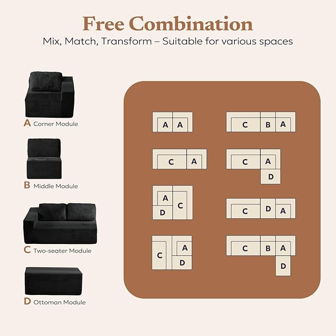 30" Modular Upholstered Foam Couch, Upholstered Floor Sofa Couch with Pillow, Bean Bag Chair for Bedroom Living Room, No Assembly Required (Corduroy Fabric, Black)