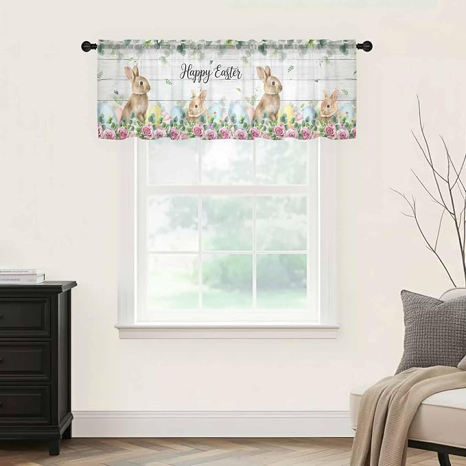 Easter Sheer Valances for Windows 42"x18", Light Filtering Kitchen Curtains