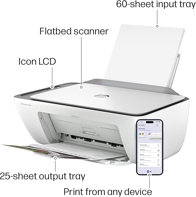 HP DeskJet 2855e Wireless All-in-One Color Inkjet Printer, Scanner, Copier, Best-for-home, 3 months of Instant Ink included, Single-band Wi-Fi connectivity (588S5A)