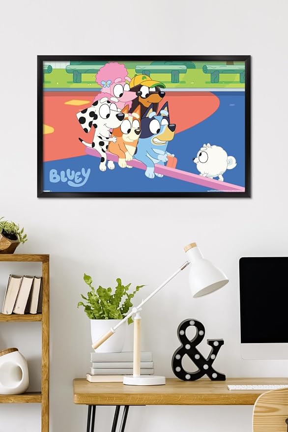 Bluey (2018) - Bluey and Friends See Saw Fun Wall Poster, 34L" x 22.4W", Black Framed Version