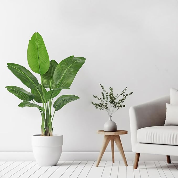 2 Pack Birds of Paradise Plant Artificial, 4FT Fake Plants Faux Banana Leaf Tree with 9 Banana Leaves, Lifelike Tall Fake Tropical Indoor Silk Floor Plant in Black Pot for House,Office,Room,Home Decor