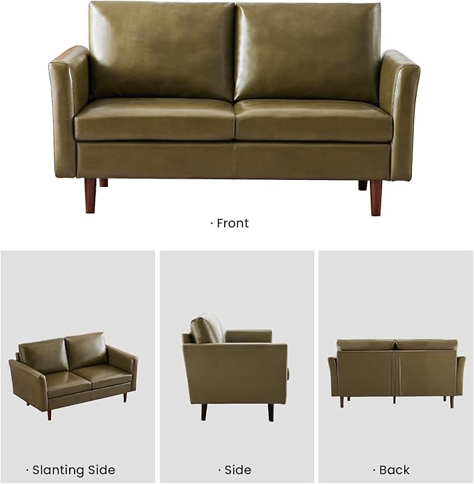 Kingfun Faux Leather 3 Seat Couch Set for Living Room, Mid Century Modern Sofa with Rolled Arms and Deep Seats, Fluffy Comfort for Apartment, Easy to Assemble, Olive Green Sofa and Chair