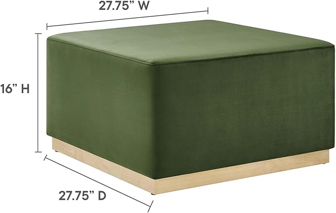 Modway Tilden 28 Inch Square Performance Velvet Upholstered Ottoman in Moss Green Natural - Large Ottoman Foot Rest with Rubberwood Plinth Base, Living Room Ottoman Coffee Table - Velvet Ottoman Table