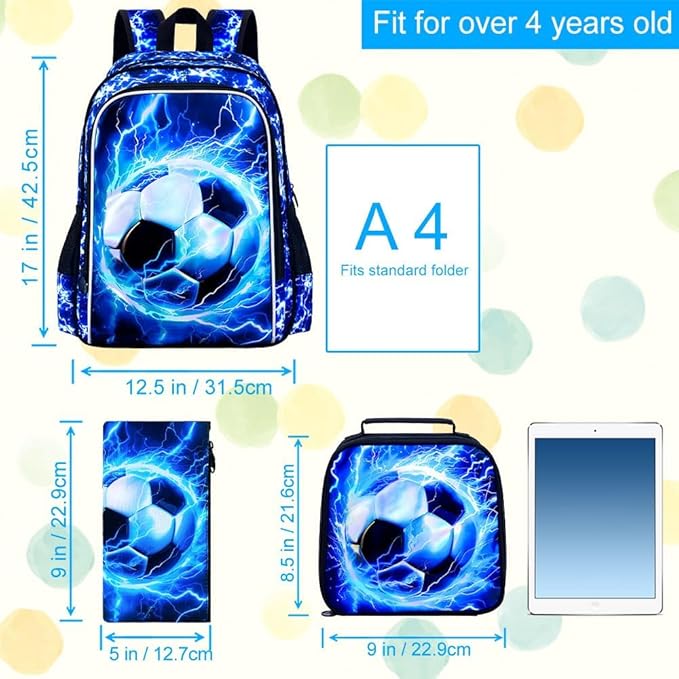 KLFVB 3PCS Kids Backpack, 17" Boys Football Bookbag and Lunch Box, Water Resistant Teenagers School Backpacks for Middle Elementary - Lightning Soccer