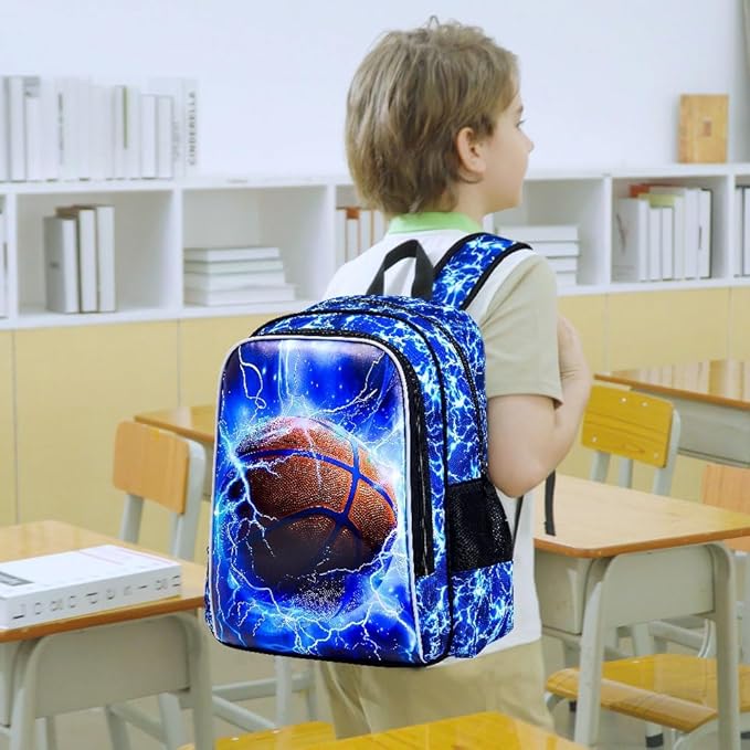 KLFVB 3PCS Boys Backpack, 17" Kids Bookbag and Lunch Box, Water Resistant Teenagers School Backpacks for Middle Elementary - Lightning Basketball