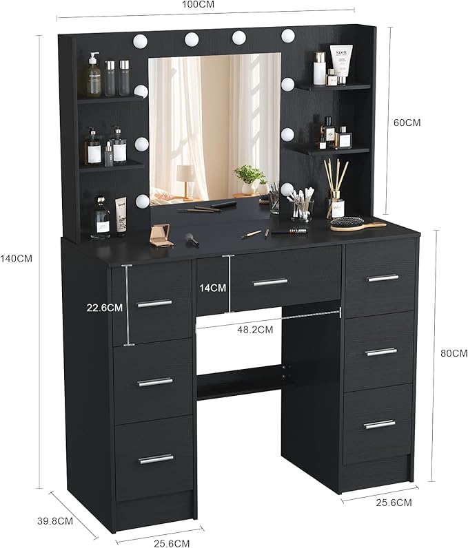 Vanity Desk with Mirror and Lights, Large Makeup Vanity Table Set with Drawers, Black Vanity with Lighted Mirror for Bedroom, Dressing Table for Teen Girls and Adult Women