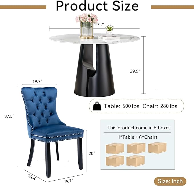 7-Piece Faux Marble Round Dining Table Set for 6, Modern Luxury Kitchen Table Set for 6 with Blue Tufted Chairs,Circle Dining Tables with White Marble Grain Top and Black Pedestal Base