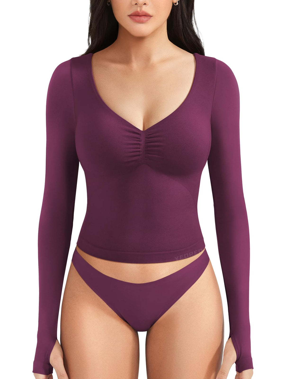 YEOREO CoreFlex Long Sleeve Workout Tops for Women Padded Deep V Neck Double Lined Impact Tops Slim Fit Gym Athletic Shirts Black Cherry L
