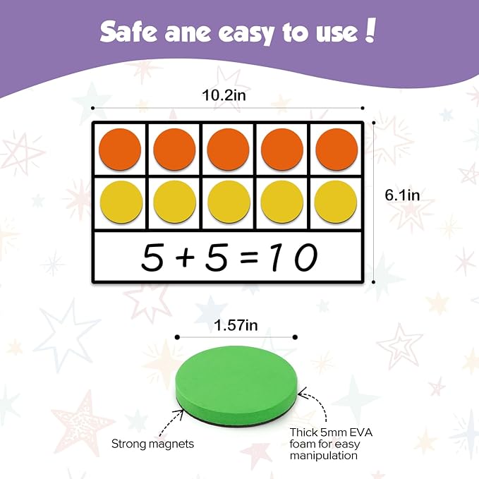 Torlam Magnetic Ten-Frame Set - Math Manipulative for Elementary - 5 Ten Frames & 55 Magnetic Counters for Kids, Kindergarten Math Games (Upgraded Version for Hand-held & 2 Black Pens)