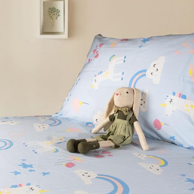 Salt Earth 100% Cotton 210TC Kids Bedsheet, Twin Sheet Set, Toddler Bed, 4-Piece Set – 2 Fitted Sheets & 2 Pillowcases, Themed Toddler Bed Sheets, Cute Kids Bedding (Summerland/Unicorn)