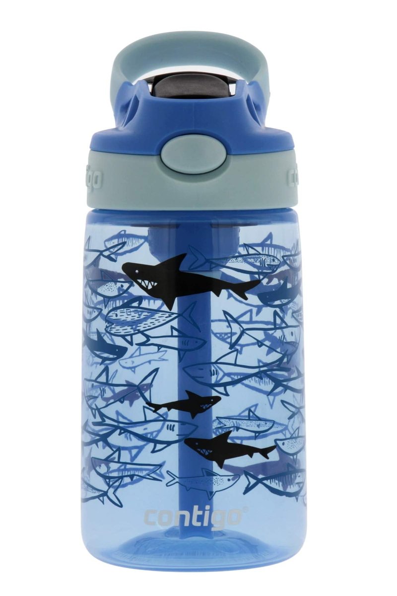 Contigo Aubrey Kids Cleanable Water Bottle with Silicone Straw and Spill-Proof Lid, Dishwasher Safe, 14oz, Blue Sharks