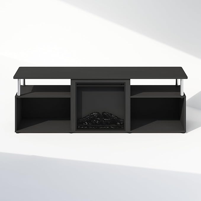 Furinno Jensen Fireplace TV Stand, NO Heat Decorative Electric Fireplace TV Stand for TV up to 70 Inch, with Open Storage, for Living Room, Americano/Stainless Steel