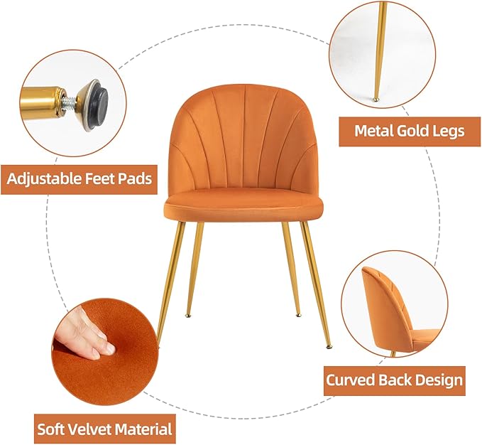 Velvet Dining Chairs Set of 2, Upholstered Mid Century Modern Dining Chairs, Armless Accent Chair with Metal Gold Legs for Living Room, Kitchen, Dining Room, Orange