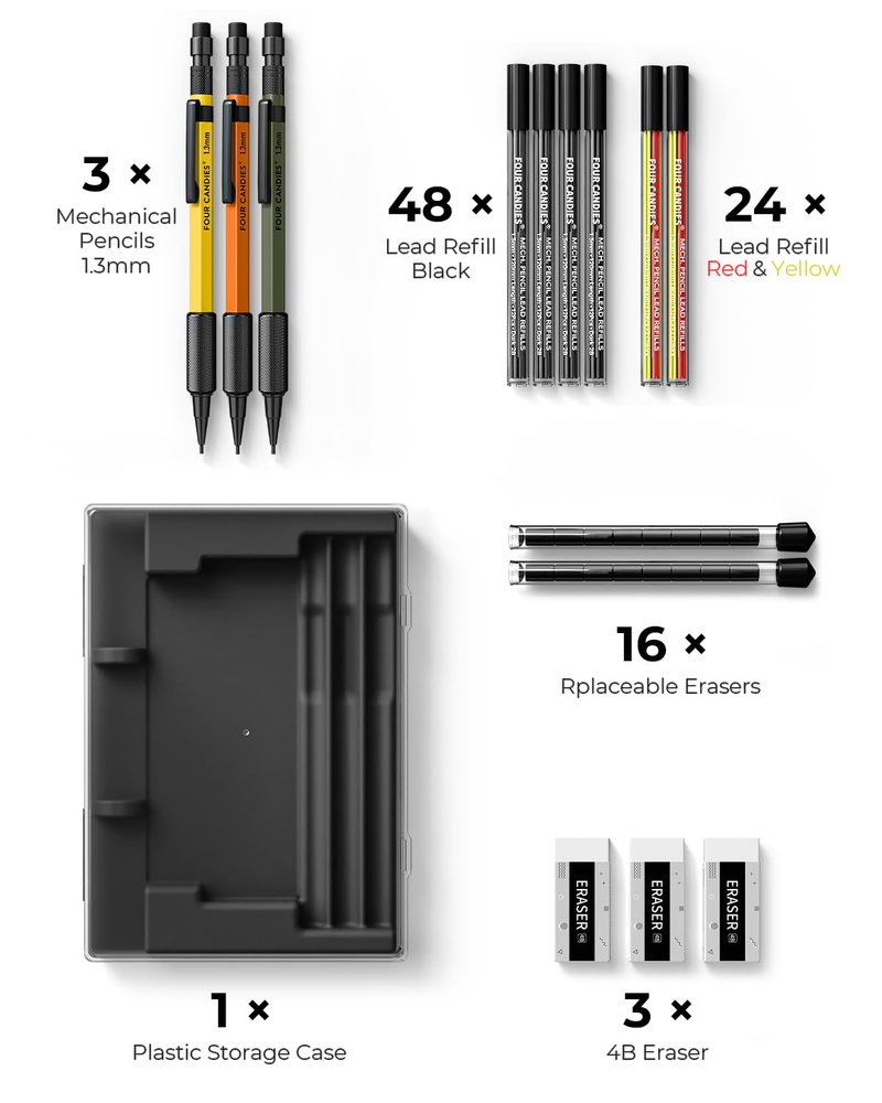 Four Candies 1.3mm Mechanical Pencil Set with 72 Lead Refills, 3PCS Metal Weatherproof Body Heavy Duty Carpenter Pencil, 3 Eraser, 16 Eraser Refills, for Outdoor Woodworking Drafting Marking with Case
