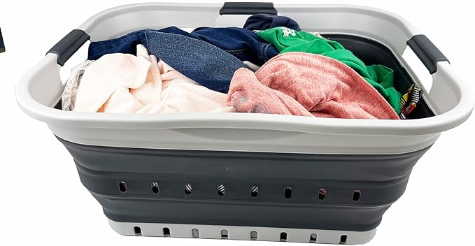 SAMMART 42L (11 gallon) Collapsible Plastic Laundry Basket - Foldable Pop Up Storage Container/Organizer - Space Saving Hamper/Basket (Grey/Charcoal Black)