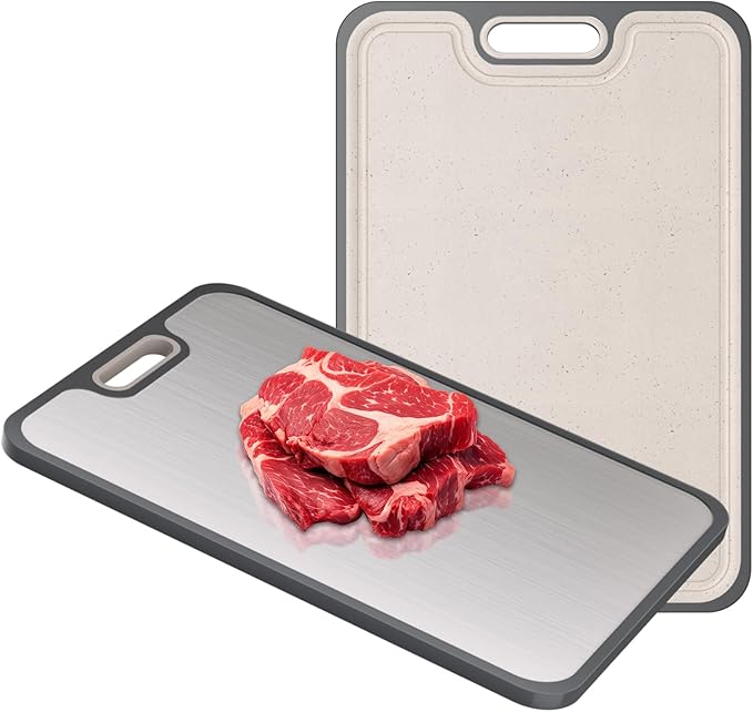 Ghims 2IN1 Titanium Cutting Boards for Kitchen,Metal Cutting Boards With Pure Titanium and Wheat Straw PP,Double Sided Chopping Board with Juice Groove Dishwasher Safe Easy to Clean Non Toxic 15"X10"